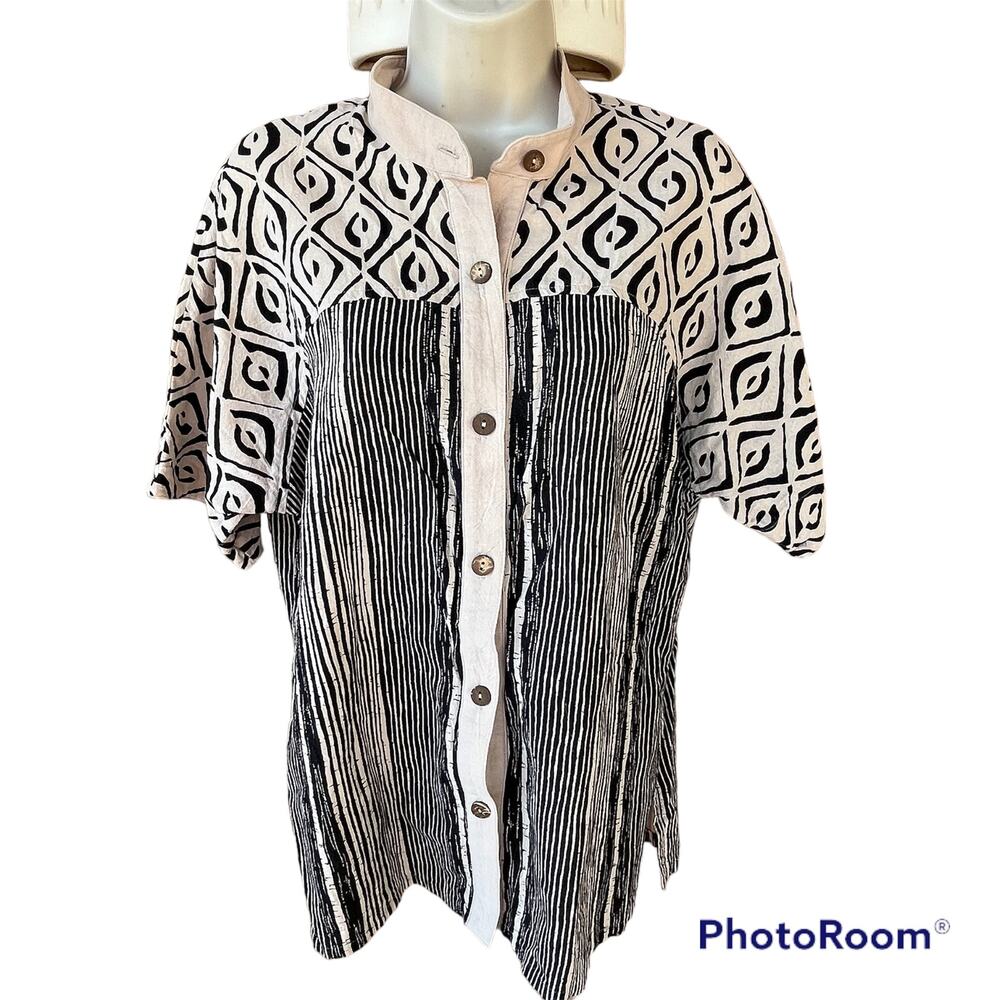 Vtg Produce Company Cotton Mandarin Collar Button Down Short Sleeve  Tribal Top